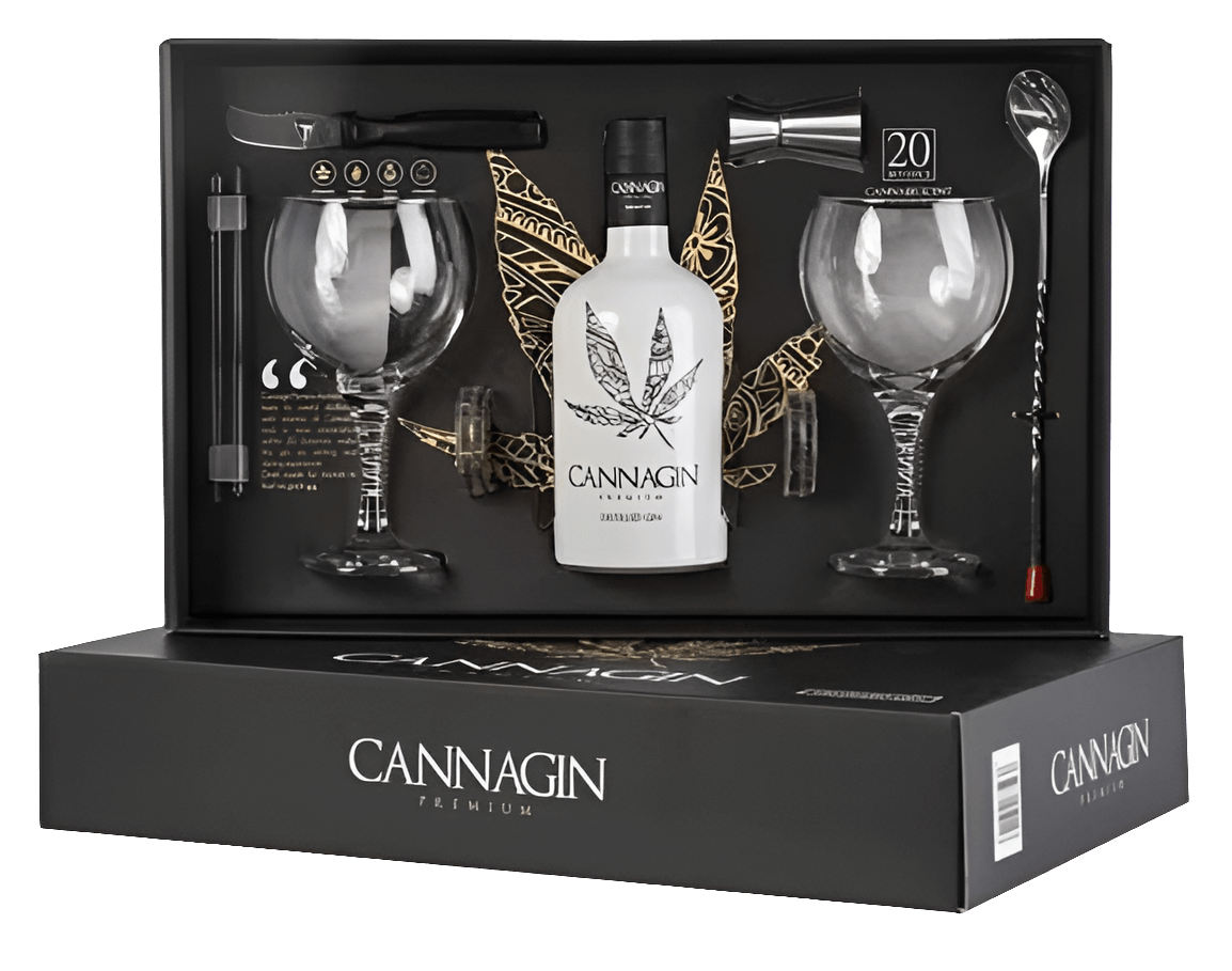 GINEBRA CANNAGIN PREMIUM ESTUCHE Cocktail 70 cl gift set with gin bottle, two glasses, and bar tools in black box packaging