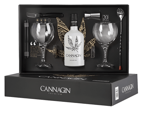 GINEBRA CANNAGIN PREMIUM ESTUCHE Cocktail 70 cl gift set with gin bottle, two glasses, and bar tools in black box packaging