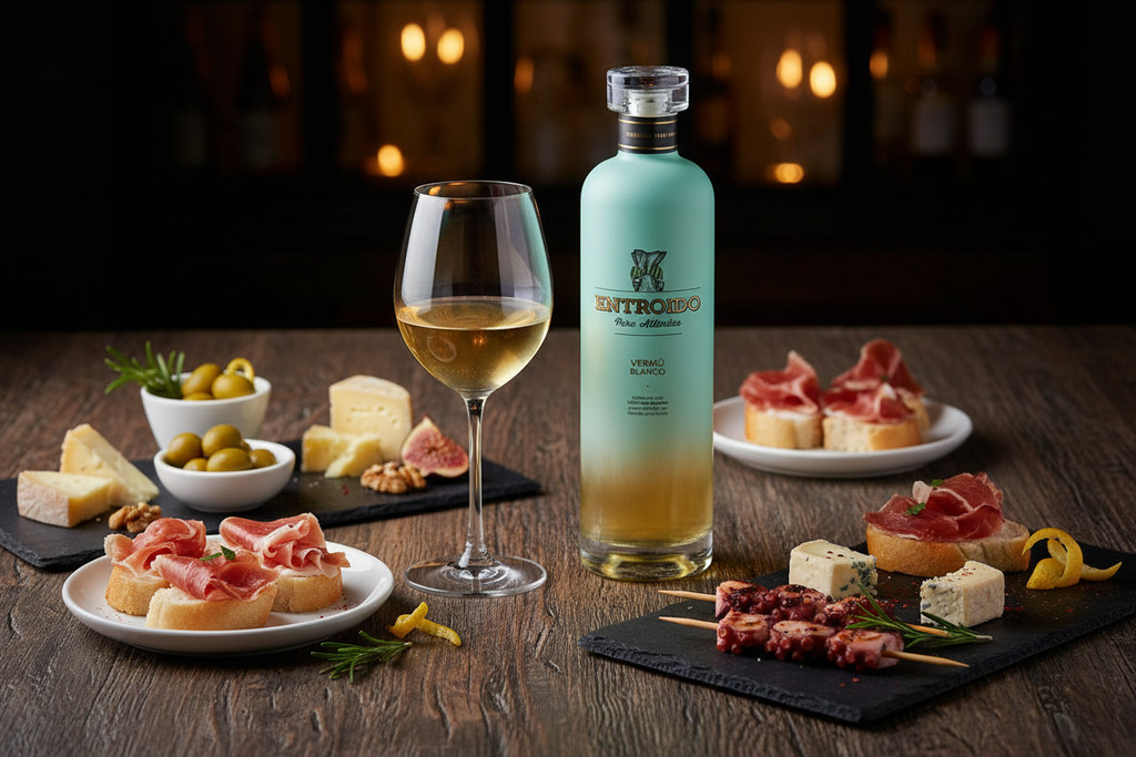 VERMOUTH ENTROIDO BLANCO 75 cl bottle with glass of vermouth and gourmet tapas on wooden table in cozy setting