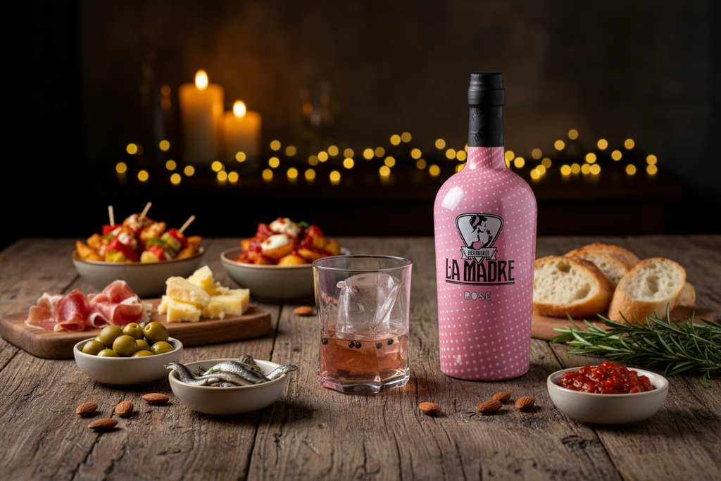 VERMUT LA MADRE ROSE 75 cl VOL 15% bottle with a glass and assorted appetizers on rustic wooden table