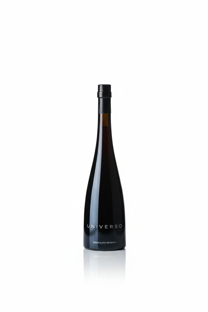 Bottle of VERMUT UNIVERSO RESERVA vermut artesanal premium with dark glass and minimalist design on white background