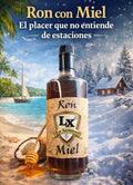 Bottle of RON CON MIEL LA XERTENSE 70 cl. with tropical beach and snowy cabin background showing all-season enjoyment.