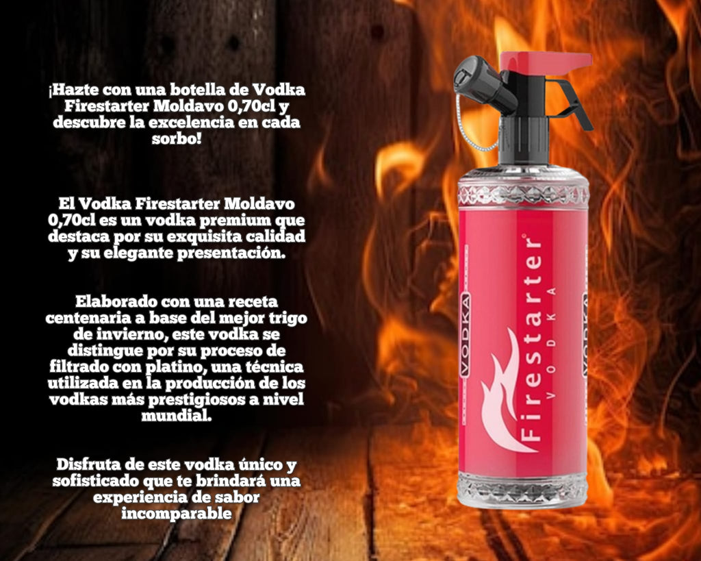 VODKA FIRESTARTER... MOLDAVO 70 cl bottle with red label against fiery background showcasing premium vodka quality.