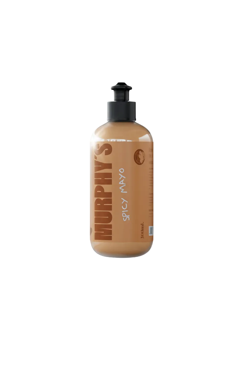 Bottle of SPICY MAYO 300 ml with black pump dispenser and brown label on white background