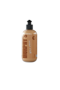 Bottle of SPICY MAYO 300 ml with black pump dispenser and brown label on white background